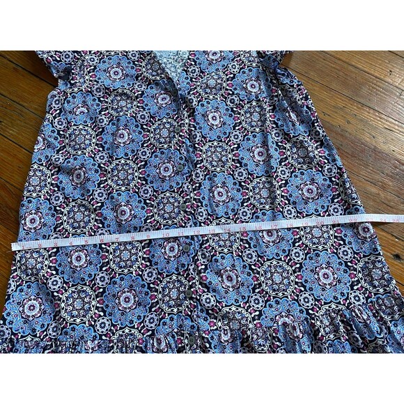 LOFT SP Dress Medallion Button Front Flutter Sleeve Blue Mandala Flounce V Neck - Picture 6 of 7
